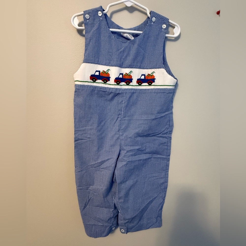 Southern Sunshine Blue Gingham Smocked Pumpkins and Truck Longalls